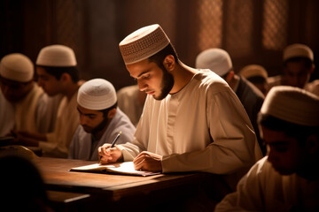 Dedicated to Faith: An Arab Student Engaged in Quranic Studies and Islamic Education

