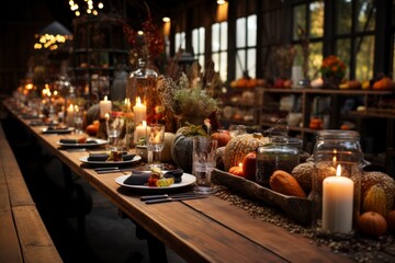 Fototapeta na wymiar An artistic representation of a Thanksgiving table set in a rustic barn, with long wooden benches, hay bales, and string lights, capturing the charming and country-style ambiance of a farm-themed Than