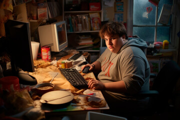 Fat boy with Computer Addiction. The Dangers of an Inactive Lifestyle: Combating Sedentarism, Poor Diet, and Social Isolation.



