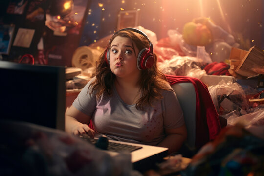 Fat girl with Computer Addiction. The Dangers of an Inactive Lifestyle: Combating Sedentarism, Poor Diet, and Social Isolation.
