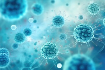 Tumor microenvironment background with cancer cells, T-Cells, nanoparticles, molecules, aand blood vessels. Oncology research concept