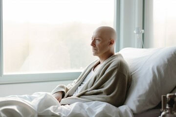 Cancer patients receiving chemotherapy treatment in a hospital. Bald man in bed suffering from cancer, battling with tumor. World cancer day. Healthcare medical concept