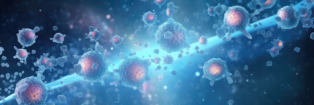 Tumor microenvironment background with cancer cells, T-Cells, nanoparticles, molecules, aand blood vessels. Oncology research concept