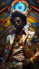 Black man with afro radiates confidence and swagger in retro 70s disco fashion - obrazy, fototapety, plakaty