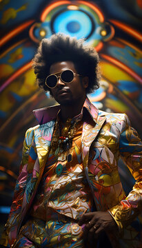 Black man with afro radiates confidence and swagger in retro 70s disco fashion