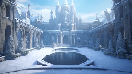 Tranquil snowy castle courtyard, with snow-covered stone pathways, archways, and a central fountain frozen in time, surrounded by the grandeur of winter. - obrazy, fototapety, plakaty