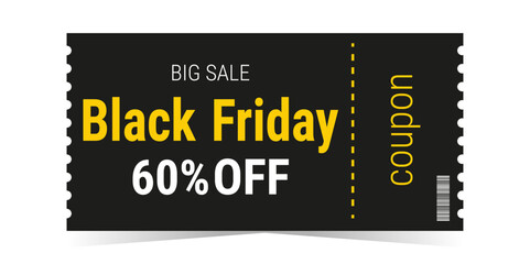 Naklejka premium Black Friday sale ticket coupon template layout. Black coupon background. Coupon with a big discount. Simple design. Isolated vector illustration white background.