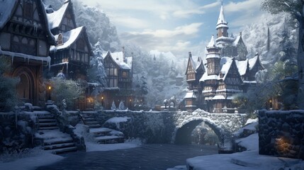 Tranquil snowy castle village, with cottages nestled against the castle walls, and a blanket of snow creating a cozy winter hamlet. - obrazy, fototapety, plakaty