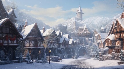 Tranquil snowy castle village, with cottages nestled against the castle walls, and a blanket of snow creating a cozy winter hamlet.