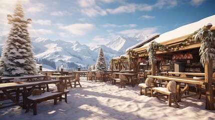 Tranquil winter café at the base of a ski resort, with outdoor seating surrounded by heaters, where skiers take a break and enjoy warm beverages against the backdrop of snow-covered mountains. - obrazy, fototapety, plakaty