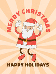 Retro cartoon Santa Claus character poster. Merry Christmas postcard. Happy New year. Vector illustration