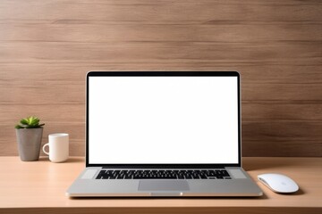 Fototapeta premium A laptop with a blank empty screen on a table or desk in a home office. Generative AI. 