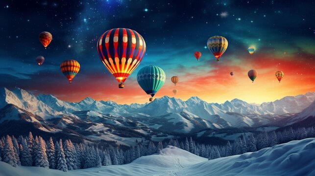 Tranquil winter carnival hot air balloons rising against the night sky, their vibrant colors standing out against the backdrop of snow-covered hills.