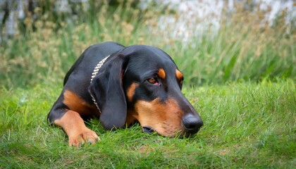 black and tan coonhound sadly lying with his head on the lawn