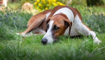 azawakh sadly lying with his head on the lawn
