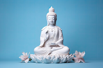 Big white bodhisattva Guanyin statue isolated on blue color background, religion Buddha praying fortune, wealth, money concept