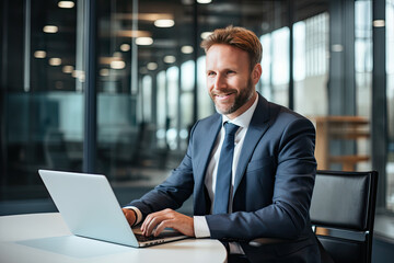 Fototapeta premium Handsome mature man in suit sitting at the table in home office and working at laptop. AI Generative