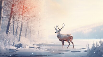 Tranquil winter deer by a frozen lake, its breath visible in the crisp air, as it gracefully moves through the snow-covered landscape under a clear sky.