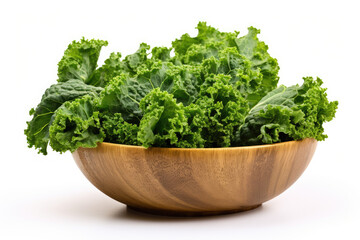 Fototapeta premium Fresh healthy Kale in a wooden bowl isolated on white background, healthy vegetables and fruits,
