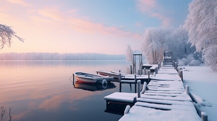 Tranquil winter dock on a frozen lake, with snow-covered boats gently rocking in the stillness, creating a serene and contemplative scene.