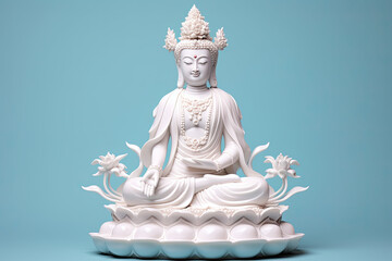 Big white bodhisattva Guanyin statue isolated on color background, religion Buddha praying fortune, wealth, money concept