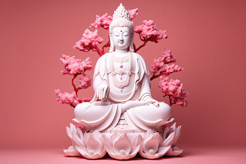 Big white bodhisattva Guanyin statue isolated on pink color background, religion Buddha praying fortune, wealth, money concept