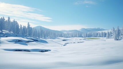Tranquil winter golf course transformed into a ski resort, where skiers weave through snow-covered fairways, creating a unique blend of sports against the backdrop of a serene snowy landscape.