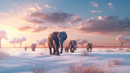 Tranquil winter herd of elephants navigating a snowy savannah, their majestic presence and warm breath visible in the cold air, adding a touch of wild elegance to the serene winter landscape. - obrazy, fototapety, plakaty