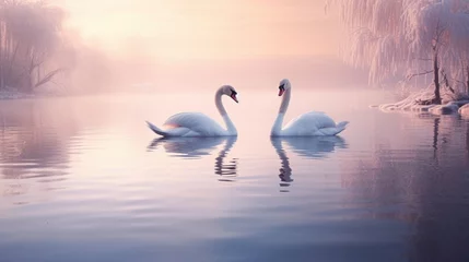 Foto op Aluminium Tranquil winter lake with a pair of swans gracefully gliding on the frozen water, their reflections mirrored in the smooth ice under the soft light of dawn. © Nasreen