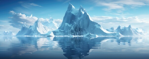 Iceberg in clear blue water and hidden danger under water. Floating ice in ocean. Arctic nature landscape. Affected by climate change. Hidden danger and global warming concept - obrazy, fototapety, plakaty