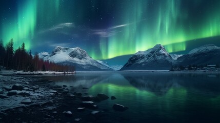Winter lakeside with the northern lights reflected in the frozen water, creating a mesmerizing and surreal scene under the starry Arctic night.