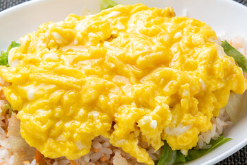 鮭レタスチャーハンの包まないオムライス･オムチャーハンのアップ。
