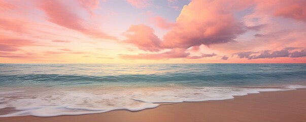 Panoramic nature landscape view of beautiful beach and sea. Inspire tropical beach with sunrise sky. Aerial top view background, drone photo backdrop of seascape horizon. Vacation travel banner - obrazy, fototapety, plakaty