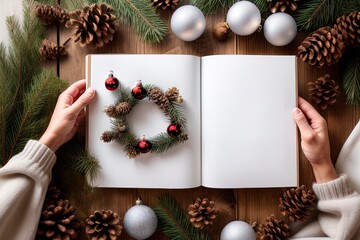 Christmas flatlay with human hands holding a book with empty space for text. AI-generative
