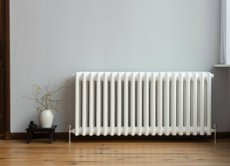 Below the window in a room is a white central heating radiator