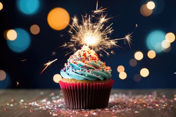 Birthday cupcake with festive sparkler and sprinkles for a party