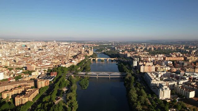 Aerial view of the Cathedral Basilica of Our Lady of the Pillar and Ebro River in the city of Zaragoza, Aragon, Spain