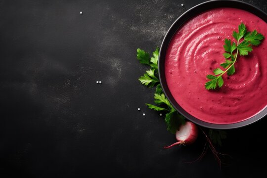 Beetroot soup in dark clay bowl over black background