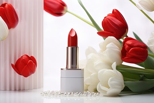 Beauty product displayed on white podium with red lipstick and tulip surrounded by white gypsophila flowers