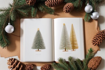 Christmas eco flatlay with a book and fir branches. AI-generated
