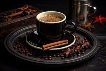 Café with black coffee cardamom and cinnamon - obrazy, fototapety, plakaty