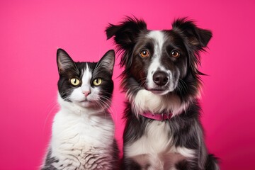 Cat and dog portrait in front of stylish dual tone background staring at the camera