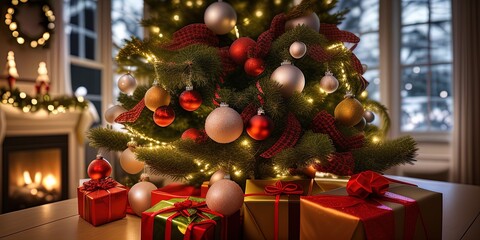 Festive Christmas tree with gifts. AI-generative
