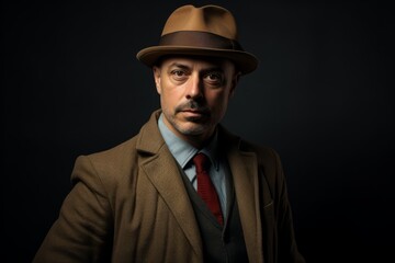 Handsome man wearing a hat and coat on a dark background