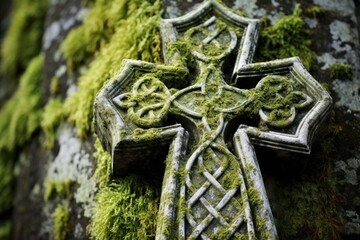 Close up texture of Celtic cross on graveyard headstone with lichen and moss - obrazy, fototapety, plakaty