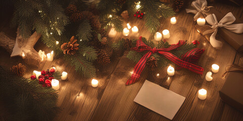 Christmas eco flatlay on a wooden table. AI-generative
