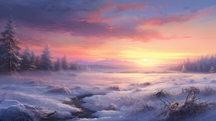 Twilight in a winter meadow, where a delicate blanket of snow adorns the landscape under the soft hues of the setting sun.