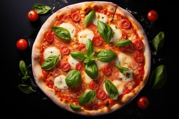 Close up top view of Pizza Margherita with tomatoes basil and Mozzarella cheese on a black stone background