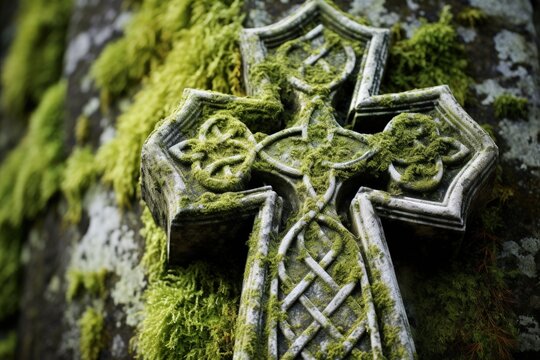 Close up texture of Celtic cross on graveyard headstone with lichen and moss
