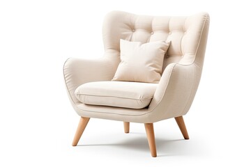 Cream modern armchair isolated on white with upholstered armrests button tufted back cushion and...